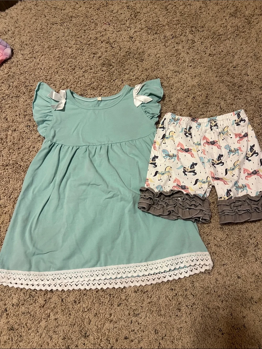 Girls Mint Green Dress & Unicorn Print Shorts Matching Set